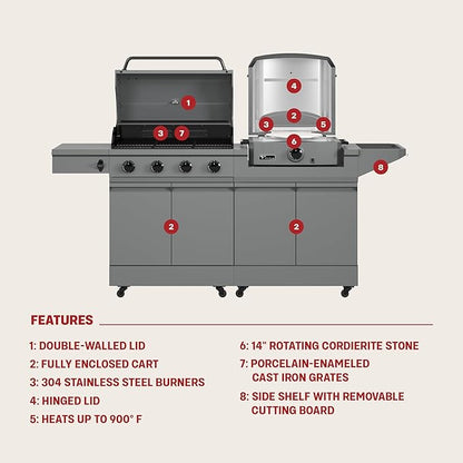 Tytus Anaheim 4-Burner Gas Grill with Prep Cart and Pizza Oven + Cover, Light, Pizza Tool Kit - Modular Outdoor Kitchen, Quick Assembly, Outdoor Cooking, Kitchen Island for BBQ