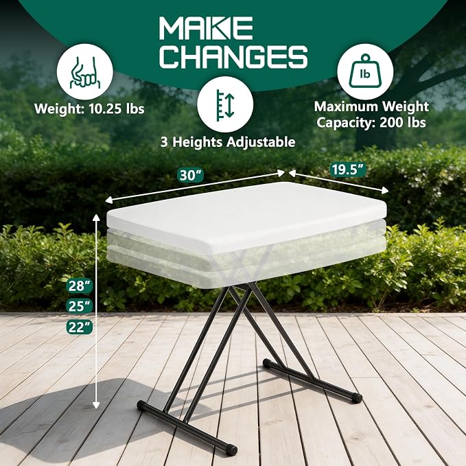 30in Folding Table, Portable Picnic Table with Adjustable Height, Foldable TV Tray Table & Laptop Desk for Small Spaces, Patio, Camping, BBQ, No Assembly Needed, White