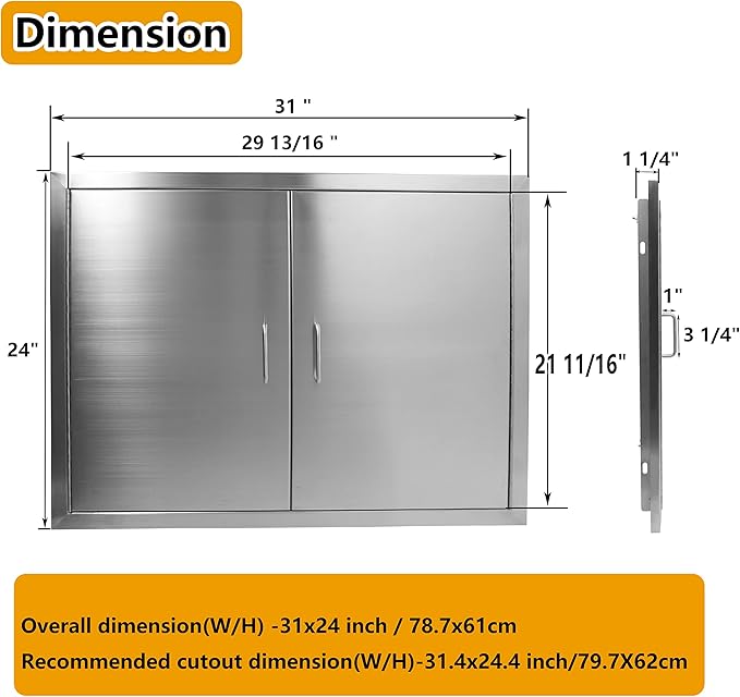 Luffioner BBQ Outdoor Kitchen Doors,31W x 24H Inch Double BBQ Access Door,Rust-Proof Thickened Plate 304 Stainless Steel Access Door for Outdoor Kitchen, BBQ Island,Grilling Station (31W x 24H)