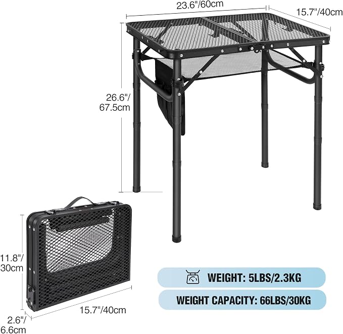 Folding Grill Table, Lightweight Height Adjustable Aluminum Table with Mesh Desktop and Mesh Bag for Outdoor Camping Picnic BBQ, Small 2 Feet, Black