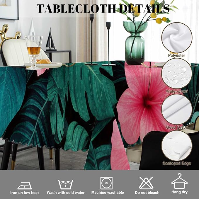 Swono Palm Leaves Table Cover Tropical Flower Jungle Palms Hibiscus 50x72 Inch Table Cloth for Rectangle Tables Buffet Parties Coffee BBQ and Dinning Tablecloth