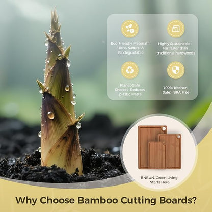 Bamboo Cutting Board for Kitchen, 3-Piece Wooden Cutting Board Set with Deep Juice Grooves, Side Handles, Non-Slip Mats, Reversible Boards for Meat, Vegetables, Fruit and Cheese