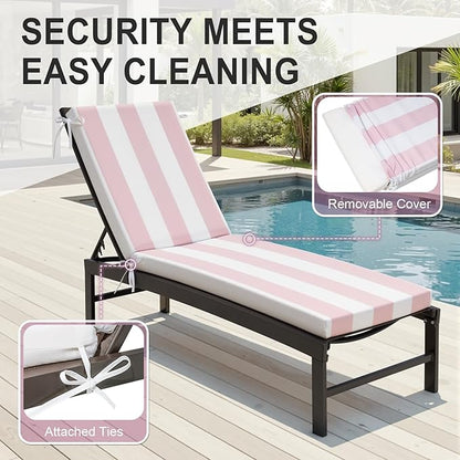 Crestlive Products Outdoor Chaise Lounge Cushions Set of 2, 3 Years Fade Resistant Water Resistant Lounge Chair Cushion, 80''L x 23''W, Pink White Stripe