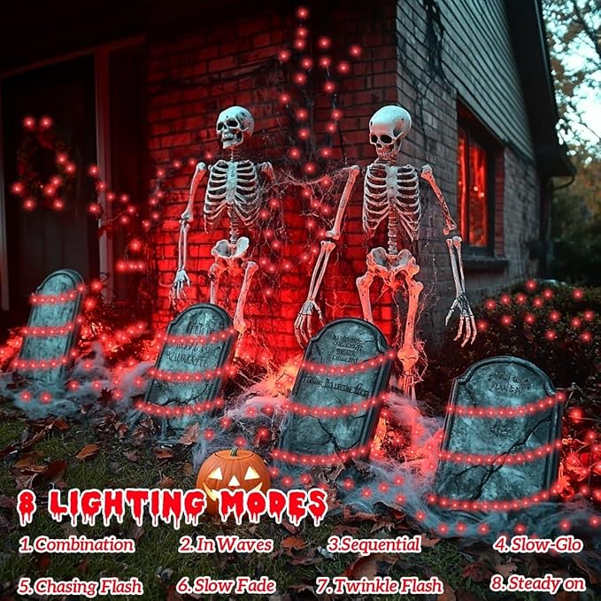 QITONG 2 Pack Halloween Solar Fairy Lights, Each 66ft 200 LED Red String Light Outdoor Waterproof, 8 Modes Silver Wire Christmas Twinkle Mini Lights