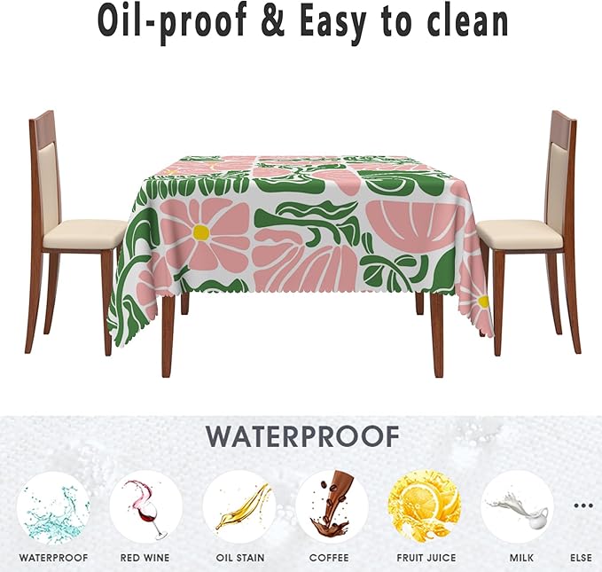 Green Pink Abstract Flowers Square Tablecloth Seasonal Paisley Square Table Cloth Perfect for Spring Home Decor Indoor Outdoor Washable Wrinkle Free Table Cover for Picnic Camping 60x60 Inch