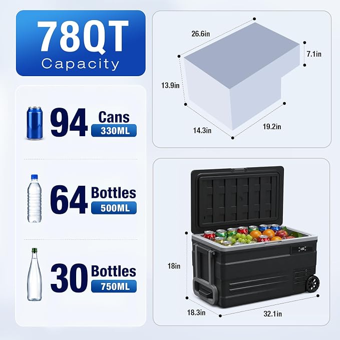 YELLOW JACKET Car Refrigerator, 78QT Cooler with Wheels, Portable Freezer | -4°F to 68°F, MAX/ECO, 3-level battery, tilt 45°, <45dB, 78QT(74L), multi-power, wheels, LED/drain