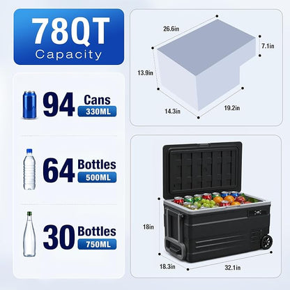 YELLOW JACKET Car Refrigerator, 78QT Cooler with Wheels, Portable Freezer | -4°F to 68°F, MAX/ECO, 3-level battery, tilt 45°, <45dB, 78QT(74L), multi-power, wheels, LED/drain