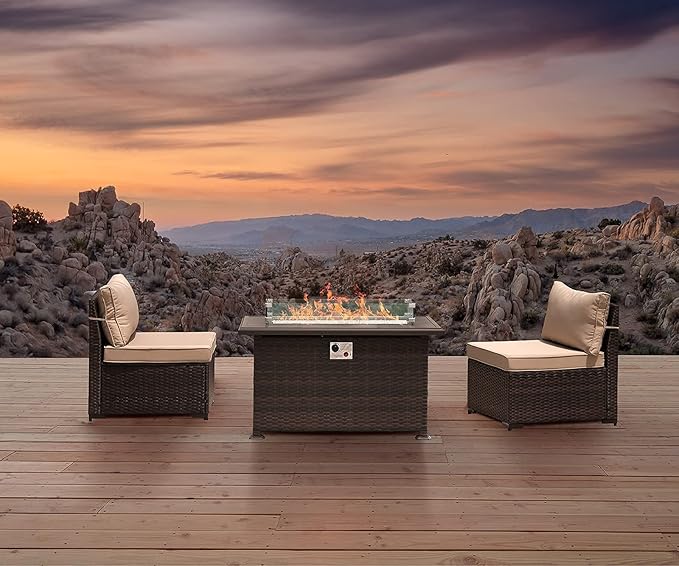 43" Propane Fire Pit Table,55000 BTU Wicker Firepit,Outdoor Fire Pit with Fire Glass,Lid,Waterproof Cover and Blue Glass Stone for Backyard,Garden,Patio