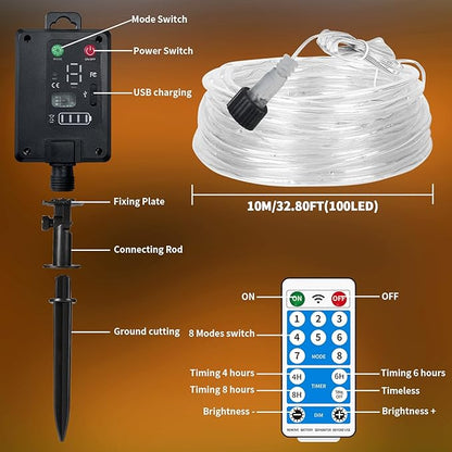 LairtPOW Solar Rope Lights with Remote,39FT 100LEDs Outdoor Solar Strip Lights,IP67 Waterproof USB Charging Solar String Lights, Timing & 8 Modes Larger Tube Fairy Light for Garden Tree (Warm White)