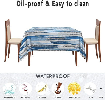 Abstract Striped Square Tablecloth 60x60 Inch Blue and White Old Texture Grunge Stripes Vintage Mosaic Dust-Proof Table Cover Protector for Home Kitchen Restaurant Picnic Camping BBQ