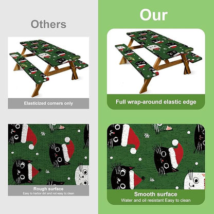 Christmas Picnic Table cover with Bench Cover, Outdoor Picnic Table Elastic Tablecloth, Christmas Hat Green Cat Design, Camping, Barbecue and Holiday Party Tablecloth