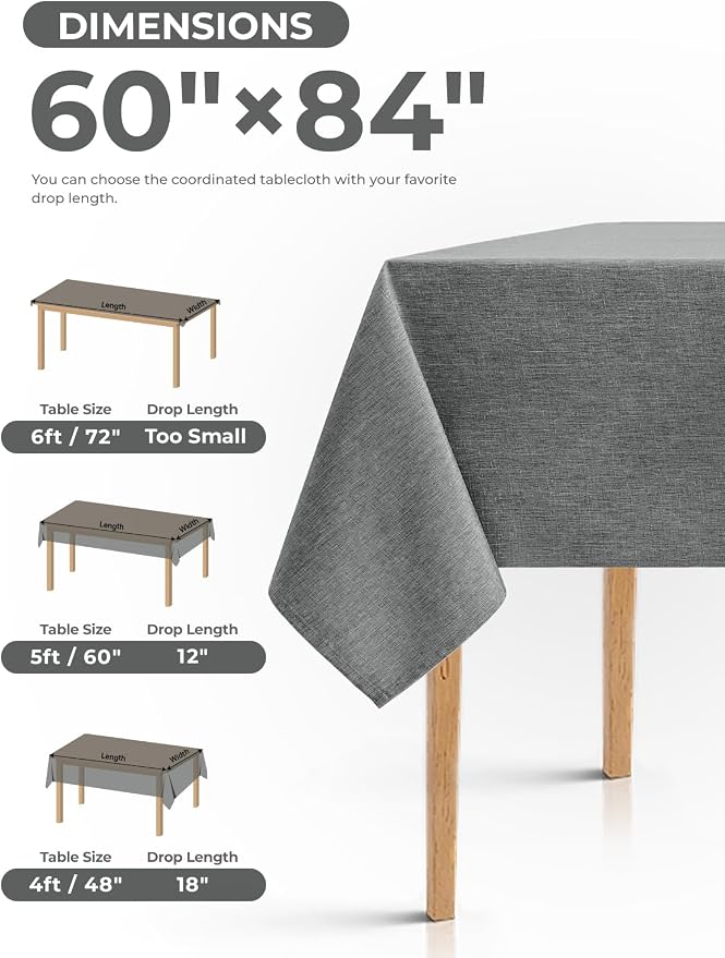Decorelia Faux Linen Farmhouse Table Cloth 60"x84" for 4-6 ft Rectangle Table, Dark Grey Waterproof Outdoor Washable Cloth Tablecloth for Rectangular Dining Room Kitchen Outdoor Party Restaurant Decor
