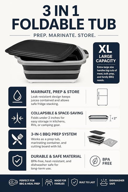 NCA - 5 piece BBQ Prep Tub, BBQ Blanket, Heat Resistant Grill Gloves (1472°F), Meat Claws | 21" Meat Resting Bag, Insulated Triple Layer | Foldable Cutting Board, Drain Plug | 2 pcs Chicken Shredder