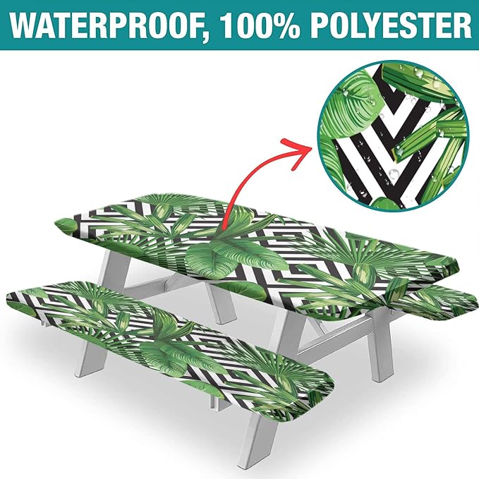 Palm Leaves Picnic Fitted Tablecloths and Bench Covers, Tropical Jungle Plant Leaf Print Elastic Edge Table Cover, 72x28 Inch, 3 Pcs Set Rectangle Tablecloths for Indoor Outdoor Dinner Party Patio Use