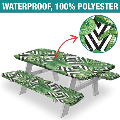 Palm Leaves Picnic Fitted Tablecloths and Bench Covers, Tropical Jungle Plant Leaf Print Elastic Edge Table Cover, 72x28 Inch, 3 Pcs Set Rectangle Tablecloths for Indoor Outdoor Dinner Party Patio Use