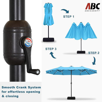 ABCCANOPY 15FT Solar LED Double-Sided Umbrella with Base, Turquoise | Rectangular Outdoor Table Umbrella with Crank, Heavy Duty Market Umbrella Shade for Garden,Poolside, Lawn, Backyard
