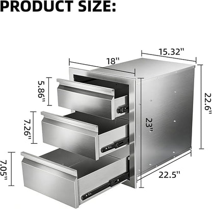 Outdoor Kitchen Drawers 18" x 23" x 23" Stainless Steel Triple Drawer Cabinet, Flush Mount Modular Storage for BBQ Islands & Patios