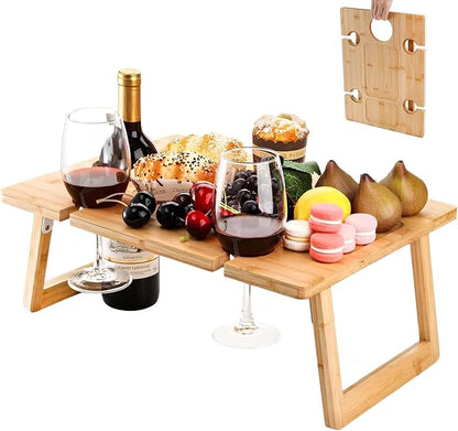 Peohud Portable Wine Picnic Table, Foldable Champagne Picnic Snack Table Tray, Wooden Outdoor Picnic Table with Glass Holder for Park, Beach, Camping, Bed, Wine Lover Gift