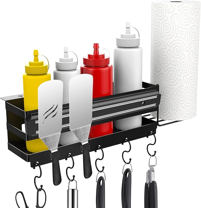3-in-1 Stainless Steel Griddle Caddy with Magnetic BBQ Utensil Strip and Paper Towel Holder for 28"/36" Blackstone Griddles,Space Saving BBQ Accessories Storage Box,Easy install&Free from Drill
