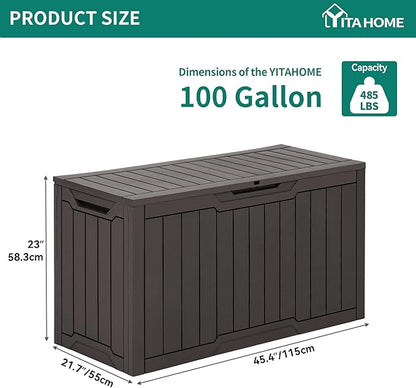 YITAHOME 100 Gallon Resin Deck Box, Weather Resistant Outdoor Storage Box, Lockable Indoor Outdoor Storage for Supplies and Essentials, Dark Brown
