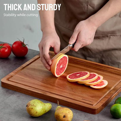 BEZIA 16.5" x 13" Acacia Wood Cutting Board, Durable Kitchen Prep Station | Deep Juice Grooves, Side Handles, Pre-Oiled Surface, Ideal for Daily Meal Prep, Expert Carving, Serving & Kitchen Decor