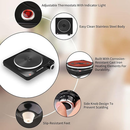 Vayepro 1500W Hot Plate, Portable Electric Stove, Single Electirc Cooktop, Portable Burner for Cooking, Cooktop for Dorm Office Home Camp, UL Listed, Compatible with All Cookware