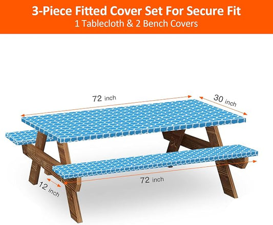 6ft 72in Picnic Table and Bench Cover, 3 Pack, Blue-White Moroccan | Waterproof, Windproof, Elastic Fitted Edges Tablecloth, for Rectangle Table & Seat, Camping Essentials RV Gear