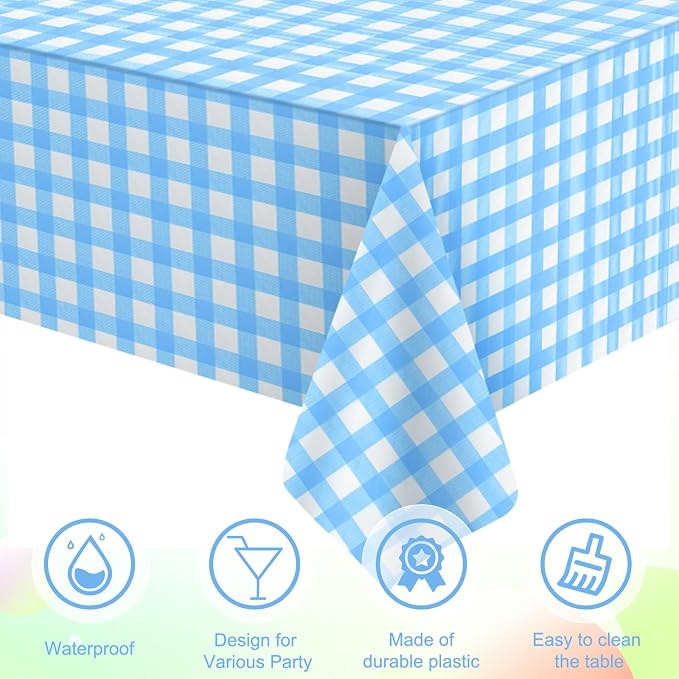 3Pcs Light Blue Gingham Tablecloths, Checkered Party Table Covers 54x108 In | Blue and White Checkered Tablecloths Disposable Waterproof for Baby & Bridal Shower Picnic Camping Birthday Outdoor Tea Party