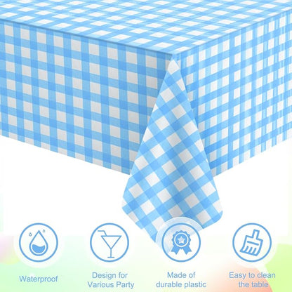 6Pcs Light Blue Gingham Tablecloths, Checkered Party Table Covers 54x108 In | Blue and White Checkered Tablecloths Disposable Waterproof for Baby & Bridal Shower Picnic Camping Birthday Outdoor Tea Party