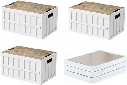 VIMI 50L Collapsible Storage Bins with Lids Stackable Utility Crates with Handles Plastic Large Folding Containers for Organizing Tools,Books,Food,Drinks,Camping&Transport (White-3 Pack)