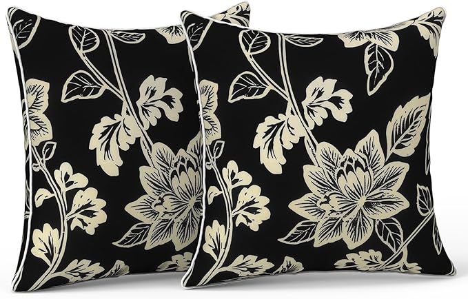 LVTXIII Outdoor Throw Pillow Covers Set of 2, Patio Waterproof Pillow Cases Fade Resistant Accent Pillow Covers for Home and Garden Furniture Decoration, 18"x18", Elegant Vines Black