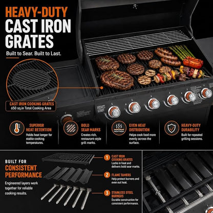 6-Burner Propane Gas Grill with Side Burner, 72,000 BTU Outdoor BBQ Grill, 650 Sq. In. Cooking Area, Cast Iron Grates, 4 Wheels, Pull-Out Drip Tray, Black