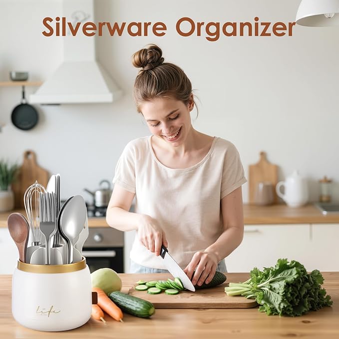 EXIN DECHEN Silverware Organizer with Lid,Cutlery Holder,White with Gold | Waterproof and Dustproof,360°Rotating,Store Knives Forks Spoons Chopsticks for Kitchen Counter,Table,Party,Outdoor Camping,Rv