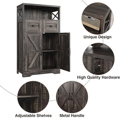 Befrases Farmhouse Storage Cabinet with Drawers and Shelf, Freestanding Kitchen Pantry Storage Cabinet, Floor Hutch Cupboard for Kitchen, Living Room, Home Office, Dark Rustic Oak