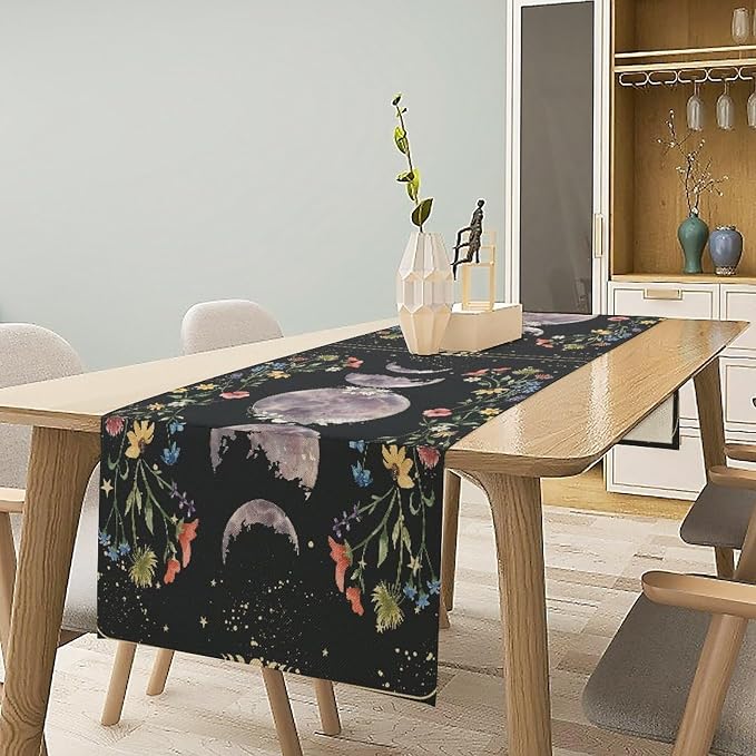 Kitchen Floral Moon Phase Table Runner - Gothic Mysterious Moonlit Farmhouse Decor - Burlap Table Runners for Decorations and Accessories - 13x36 Inch