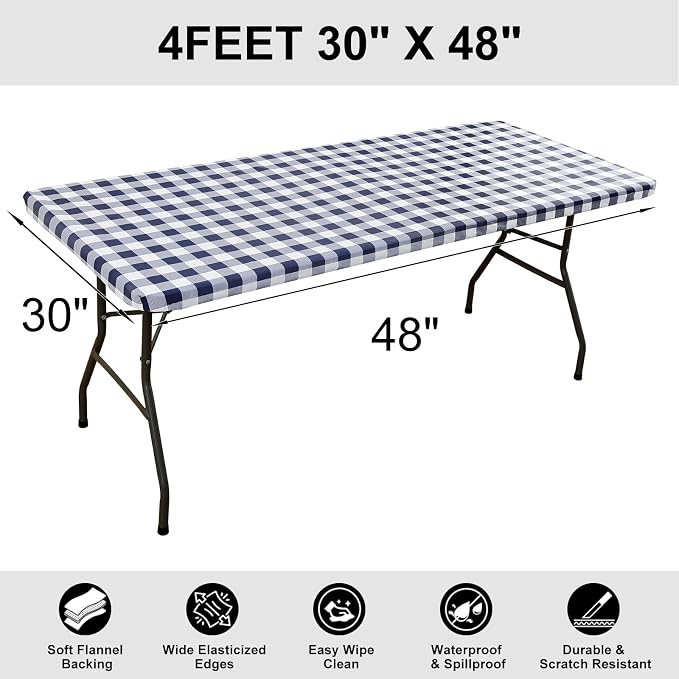Smiry Rectangle Picnic Table Cloth, Elastic Waterproof Fitted Vinyl Tablecloths, Flannel Backed Buffalo Plaid Table Covers for Dining, Camping, Outdoor (White and Navy, 30" x 48")