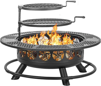 Verdeluxe 42 Inch BBQ Fire Pit with 2 Grills,3-in-1 Outdoor Round Metal Fire Pit Table with Lid,Fire Poker,Large Outdoor Wood Burning Firepits for Outside,Picnic,Bonfire Backyard Patio(Black)