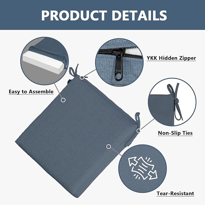 Goodgoods 20 x 20 Sunbrella Outdoor Chair Cushions Set of 4, Fade-Resistant & Water-Resistant Patio Seat Cushion Pads with Ties, 30D High-Resilience Foam for Dining Room Kitchen Chairs, Spectrum Denim