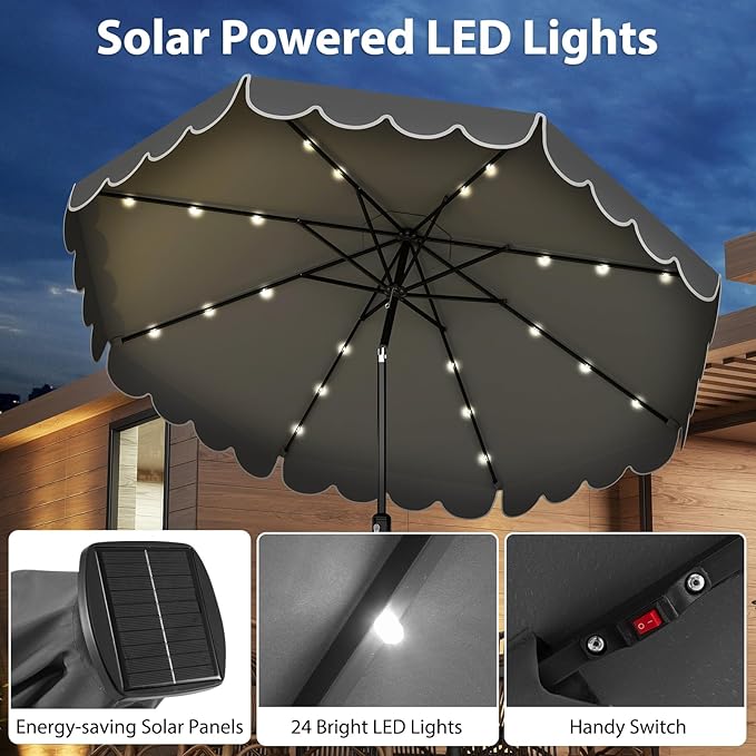 Tangkula 10FT Solar LED Patio Umbrella, 2-Tiers Scalloped Outdoor Table Market Umbrella with 24 LED Lights, Vented Top, Tilt Adjustment, Crank, 8 Ribs for Backyard Poolside Deck Beach Lawn (Gray)