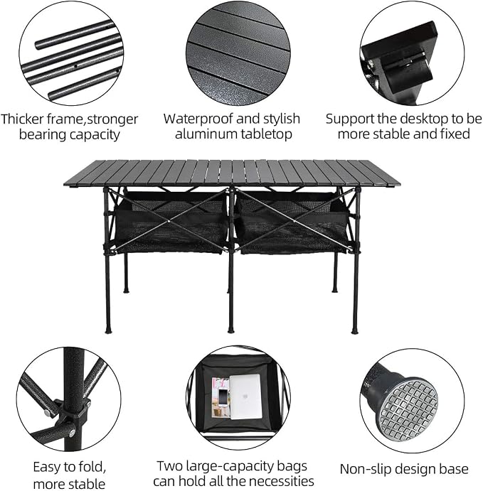 WUROMISE Sanny LargeOutdoor Folding Picnic Camping Table,55"X 27.56"Portable Aluminum Roll-up Table with Storage Carry Bag for RV Travel,Indoor,Outdoor,Camping, Beach,Backyard,BBQ,Party,Patio,Picnic