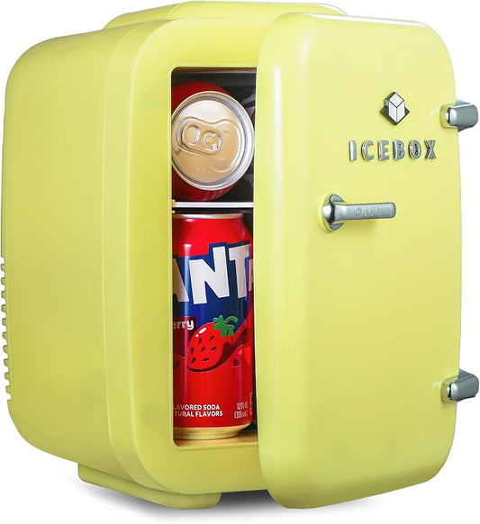IceBox 4-Liter Mini Fridge Cooler/Warmer, IBMF4SUN, Sun Yellow | Portable Refrigerator Holds 6 Cans, Compact for Skincare, Beverages and Food, Includes 120V AC and 12V Car Adapters