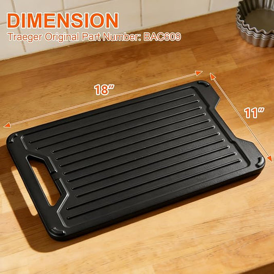 BAC609 Reversible Cast Iron Griddle Plate for Traeger Pro 575 780, Ironwood XL, Timberline, Eastwood & Century, Ridgeland 572, Pro Series 22 34, 18.2" x 11" Grill Accessories Replacement Parts