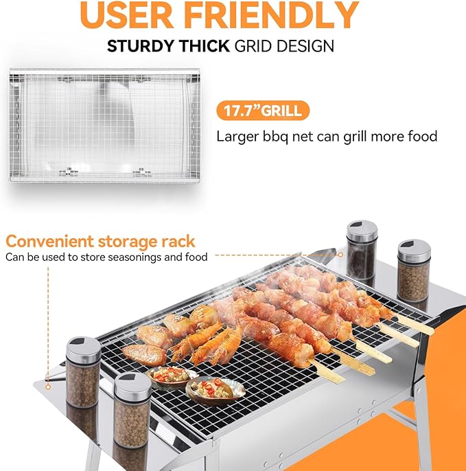 Foldable Portable Charcoal Grill, Small Compact Outdoor BBQ Grill for Camping, Backyard, Balcony, Beach, Travel Outdoor Cooking(17.7x9.8 Inch)