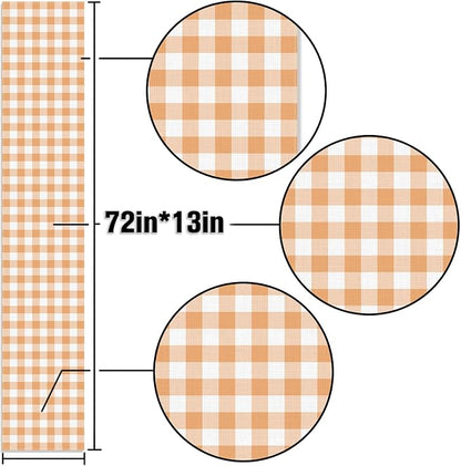 Fall Orange and White Gingham Table Runner Autumn Thanksgiving Plaid Decoration BBQ Picnic Dining Room Home Kitchen Table Decor (Orange, 13" x 72")