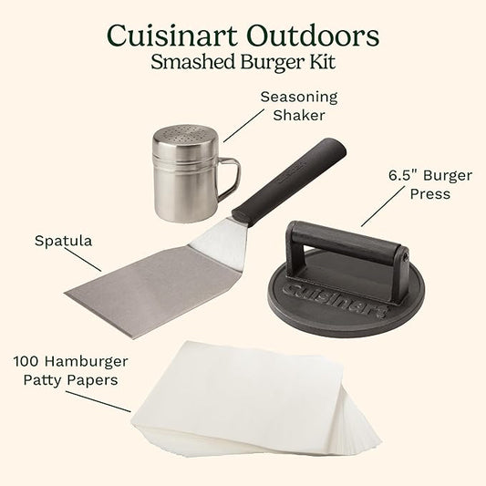 Cuisinart Smash Burger Kit, Cast Iron Press, Spatula, Seasoning Shaker and Patty Papers for Perfect Cookouts, Barbecues and Tailgates
