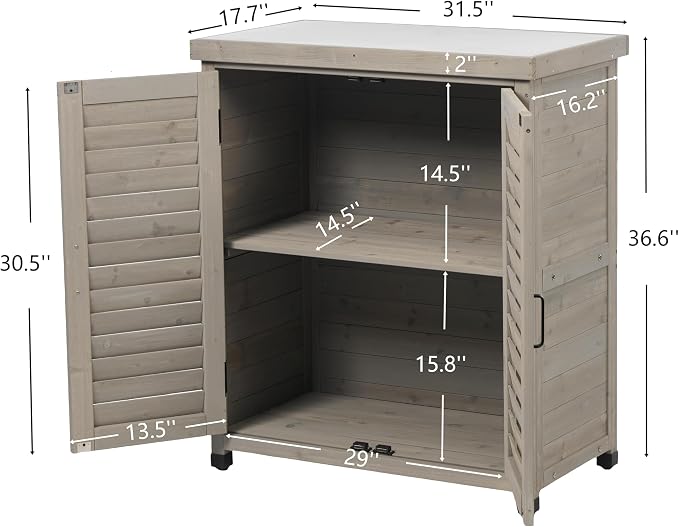 KEIKI Outdoor Potting Bench with Storage Cabinet & Metal Table Top, Weatherproof Garden Workstation, Hemlock Wood