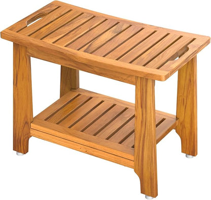 NNN 24" Home Teak Shower Bench with Japan-Made Non-Slip Leveling Feet | US Patented Design, Marine-Grade Hardware, Pre-Oiled European Teak Oil, Ready, 300lb, for Showers Spa Sauna & Outdoor Pools