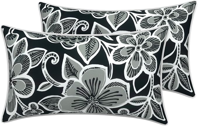 LVTXIII 2 Pack Outdoor Lumbar Pillow Covers 12x20 Inch with Piping, Water-Repellent Back Cushion Covers ONLY for Patio Furniture, Sofa, Garden Bench, Flower Black
