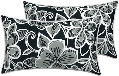 LVTXIII 2 Pack Outdoor Lumbar Pillow Covers 12x20 Inch with Piping, Water-Repellent Back Cushion Covers ONLY for Patio Furniture, Sofa, Garden Bench, Flower Black