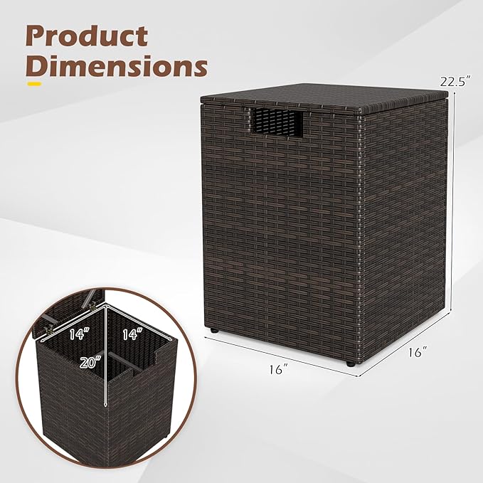Tangkula Wicker Propane Tank Cover Table, 20 LB Gas Tank Holder Storage Box with Flip Lid & Adjustable Foot Pads, 16" Outdoor Rattan Hideaway Table for Gas Fire Pit, Grill, Griddle & Stove (Brown)